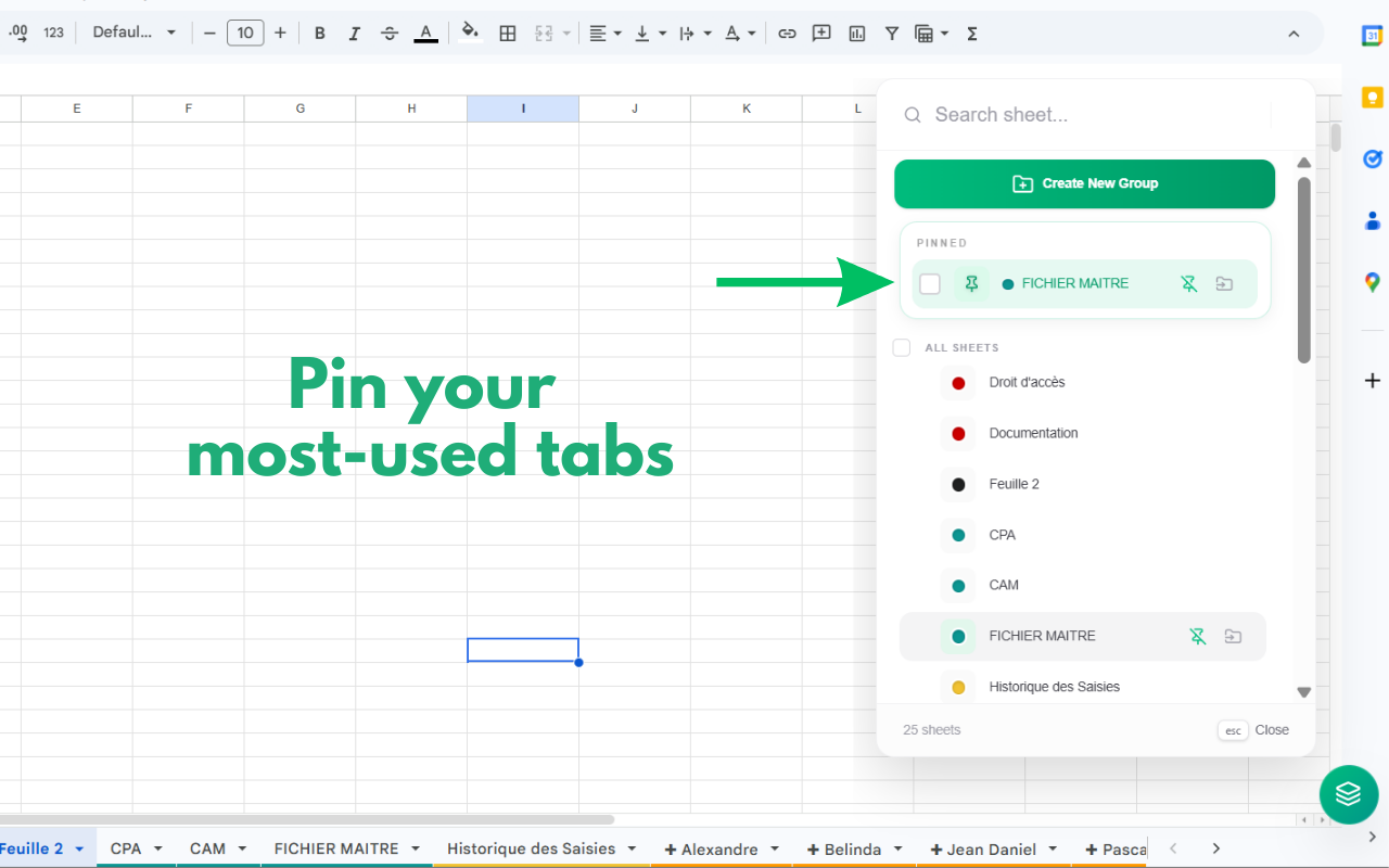 Pinned sheets tabs at the top of the sidebar